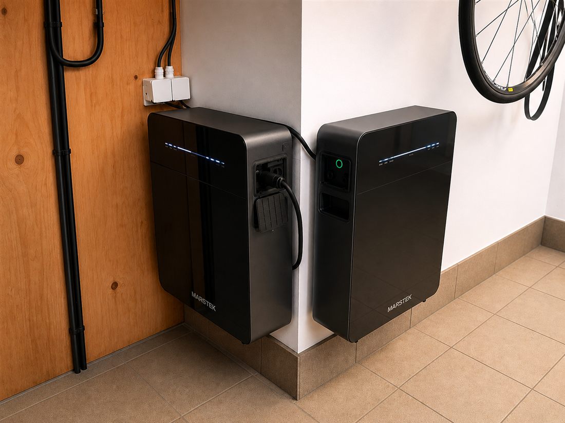 Twee Marstek thuisbatterijen, geplaatst in een hoek en aangesloten op een aparte kring