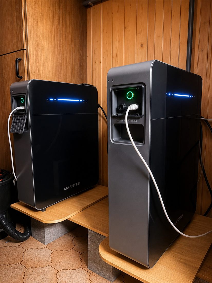 Twee Marstek thuisbatterijen op een verhoogd schap
