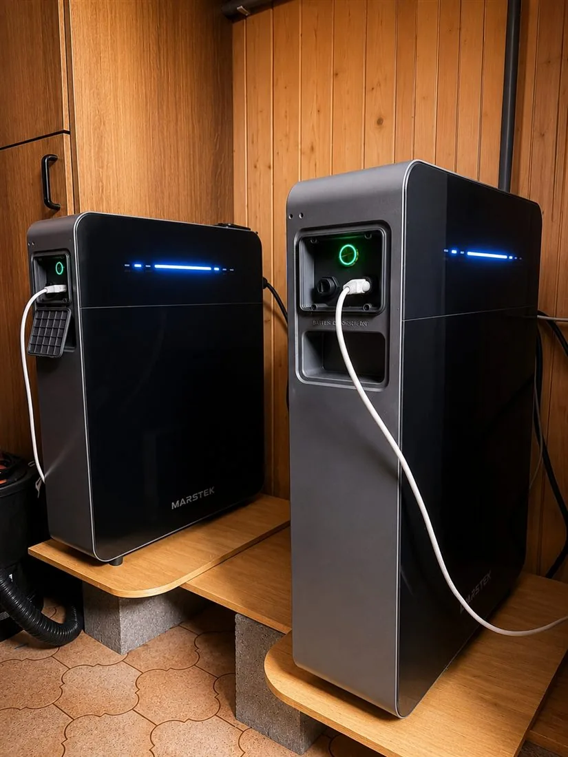 Twee Marstek thuisbatterijen naast elkaar op een verhoog, tegen een houten lambrisering